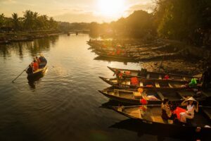 sunset, boat, river, nature, country, hoi an, vietnam, hoian, water